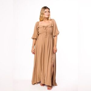 WORTH Collective Devon Smocked Maxi Dress Beige Puff Sleeve Boho Linen Size S